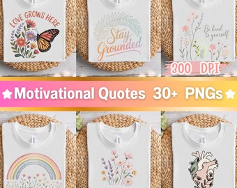 Pode incluir: Camisetas brancas com várias citações e gráficos motivacionais. Os designs incluem arranjos florais, borboletas, arco-íris e ilustrações botânicas. O texto inclui "Love Grows Here", "Stay Grounded", "Be kind to yourself", "Good Vibes Only" e "Love yourself".