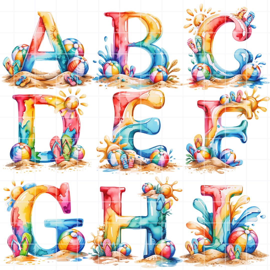 Summer Alphabet PNG Bundle, Watercolor Beach Letters, Tropical Clipart ...