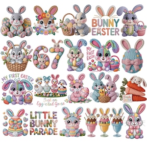 以下が含まれることがあります： 編みウサギ、卵、バスケット、ニンジンを描いた、カラフルなイースターをテーマにしたイラストのコレクション。「Bunny Easter」、「My First Easter」、「Just an Egg-cited Goose」、「Little Bunny Parade」、「Fresh Easter」の文字が含まれています。
