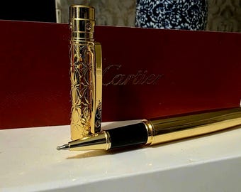 Santos De Cartier Rollerball Pen – Gold Brushed & Engraved Metal – Luxury Writing Instrument