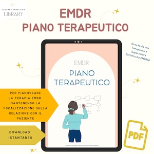 May include: A digital download for an EMDR Piano Therapeutic guide. The guide is created by a therapist and supervisor certified in EMDRIA. The cover features a woman drawing a flowchart on a whiteboard. The text on the cover reads "EMDR Piano Therapeutic".