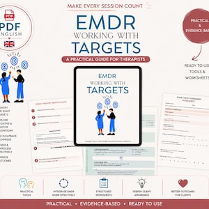 May include: A digital guide titled EMDR Working with Targets, A Practical Guide for Therapists, featuring a central cover image of two people and three target icons. The set includes multiple printable worksheets for target memory identification.