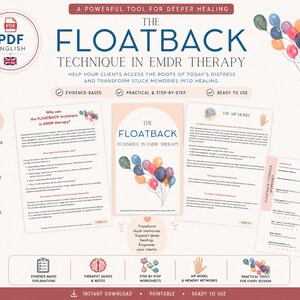 Può includere: Un documento digitale intitolato The Floatback Technique in EMDR Therapy con un'illustrazione centrale di palloncini colorati. Il layout include testo informativo, un foglio di lavoro e icone che rappresentano spiegazioni basate su prove, note per terapeuti e guide passo dopo passo per sessioni cliniche.