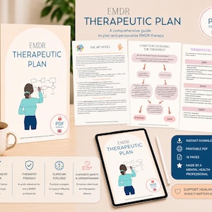 May include: An EMDR Therapeutic Plan digital guide featuring a 16-page printable PDF. The document includes an AIP model, treatment maps, and therapeutic choices. The cover displays a person writing on a flowchart, with text in English.