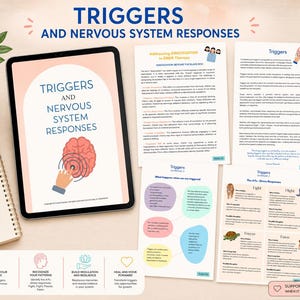 May include: A digital tablet displaying a document titled Triggers and Nervous System Responses with a brain illustration, alongside three printed pages of the same document detailing EMDR therapy, stress responses, and the 4 Fs: Fight, Flight, Freeze, Fawn.