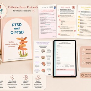 Può includere: Un set di protocolli per il recupero dai traumi in download digitale, che include una pagina di copertina intitolata PTSD and C-PTSD Working with the Complexity of Trauma, diverse pagine informative sull'anatomia cerebrale e un tablet.