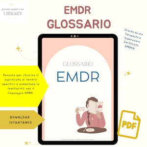 Puede incluir: Una tableta digital rosa y blanca con un borde amarillo muestra una descarga digital de un glosario de EMDR. El texto en la tableta dice "Glossario EMDR". La tableta está sobre un fondo blanco con una estrella amarilla en la esquina.
