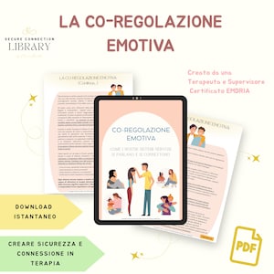 Può includere: Un download digitale di un documento PDF intitolato "Co-Regolazione Emotiva" con illustrazioni di persone che interagiscono. Il documento tratta di come i nostri sistemi nervosi comunicano e si connettono. Il documento è stato creato da un terapeuta e un supervisore certificato da EMDRIA.