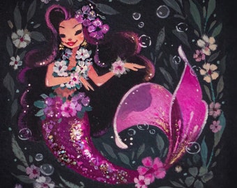 May include: A whimsical illustration of a mermaid with dark hair adorned with purple flowers and a floral lei. Her shimmering pink tail is surrounded by bubbles and floral accents against a dark background. The artwork has a vintage, storybook feel.