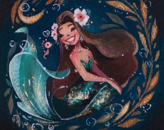 May include: Illustration of a smiling mermaid with long brown hair, adorned with flowers, and a green and gold tail. She is surrounded by gold foliage and bubbles against a dark teal background. The artwork has a whimsical, fairytale aesthetic.