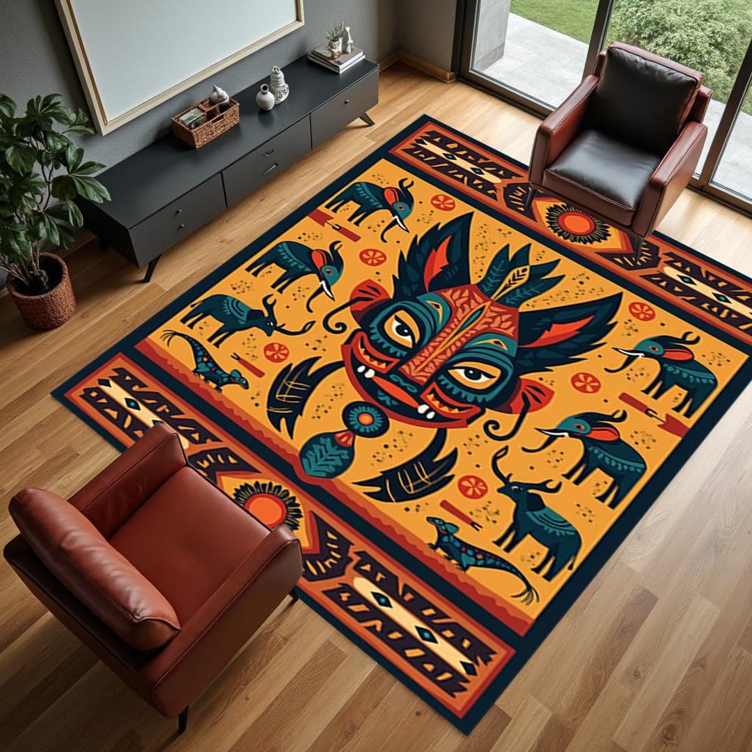 African Game Rugs Tribal Art Rug, African Mask Carpet, Ethnic Pattern Decor, Jungle ...
