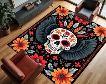 Sugar Skull Rug, Day Of The Dead Rug, Floral Skull Decor, Mexican Skull Rug, Flower Patterned, Colorful Rug, Tatto Rug,Artistic Skull Carpet