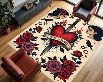 Liefde is een vloek tapijt, gotisch hart tapijt, tapijt in tattostijl, gebroken hart decor, emotionele kunst tapijt, esthetisch tapijt, vintage tapijt, gotisch decor, cadeau