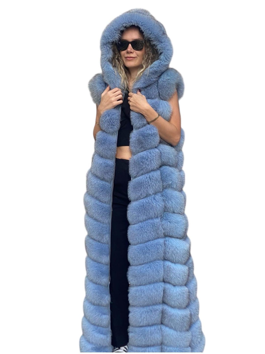 フード付きフォックスファーロングベスト - 本革トリム - Etsy 日本