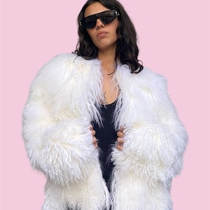 Handcrafted White Tibetan Lamb Fur Coat - Women&#39;s Fluffy Jacket