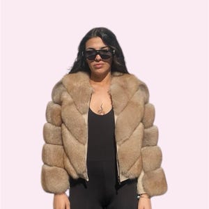 Woman Natural Fox Fur Jacket - Removable Sleeves - Stylish And Luxurious- Brown Fox Fur Jacket