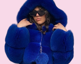 Lumignon ♥ Big Fur knit hoodie【ネイビー×ピンク】 Pink Cotton Hoodie: Detachable Fox Fur Trim - Etsy