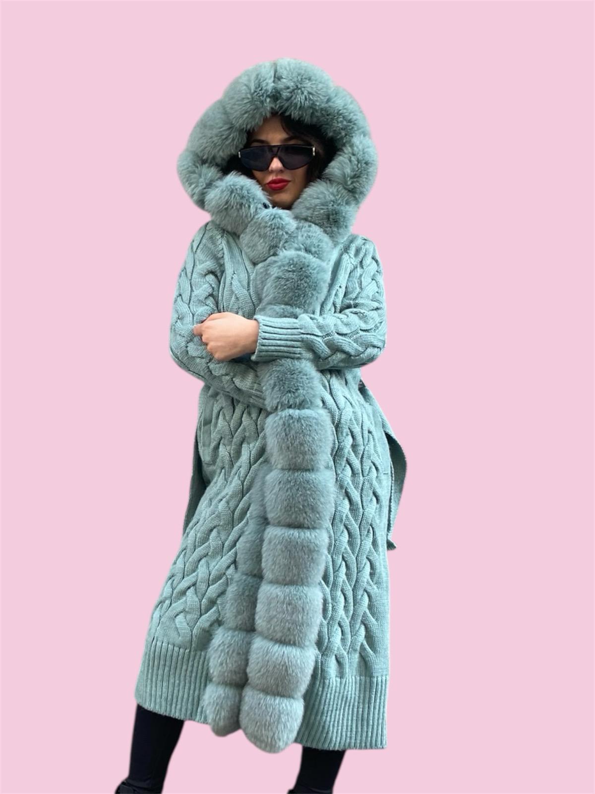 ニットフォックスファーカーディガン：ターコイズリアルファー