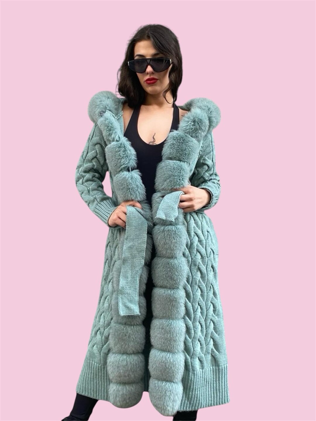 ニットフォックスファーカーディガン：ターコイズリアルファー