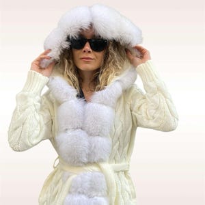 Cardigan tricoté en fourrure de renard : veste en fourrure véritable, taille unique