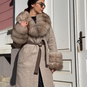 Women Jacket , Alpaca Coat with Fox Fur Trim: Beige Woman&#39;s Winter Coat