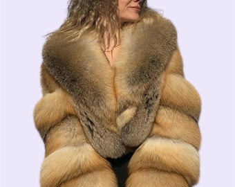 Luxury Golden Fox Fur Jacket: Genuine Leather Woman&#39;s Coat