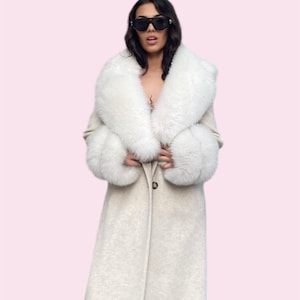 Handcrafted Alpaca Coat with Fox Fur Trim - Beige Woman Coat