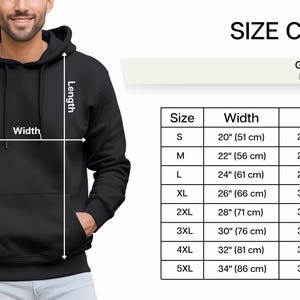 May include: Black unisex hoodie with a size chart. The chart shows measurements for width and length, ranging from size S (20" width, 27" length) to 5XL (34" width, 34" length). The hoodie is Gildan 18500.