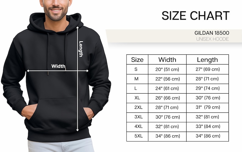 May include: Black unisex hoodie with a size chart. The chart shows measurements for width and length, ranging from size S (20" width, 27" length) to 5XL (34" width, 34" length). The hoodie is Gildan 18500.