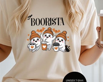 Halloween Coffee T-Shirt for Women with Cute Ghosts – Gift for Baristas, Coffee Lovers and Pumpkin Spice Latte Fans in Autumn