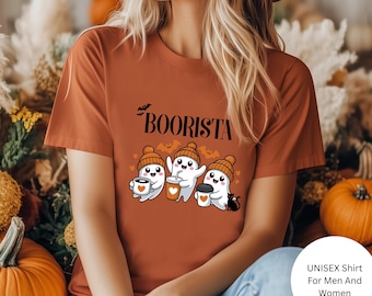 Halloween Coffee T Shirt UNISEX, Ghost Barista Tee, BOORISTA Shirt, Coffee Lover Gift, Cute Ghost Shirt, Spooky Season Outfit, Fall Graphic