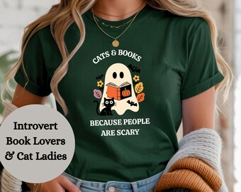 Cat Lover Shirt, Book Lover Tee, Ghost Reading Shirt, Spooky Cute Halloween Cat Tee, Introvert Bookworm Shirt, Cozy Fall Aesthetic Tee
