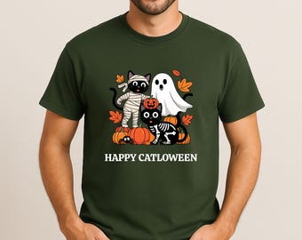Halloween Katzen Shirt, schwarze Katze mit Mumie & Skelett, süßes Katzenmotiv, Halloween Outfit, Damen Herbst T-Shirt für Cat Moms