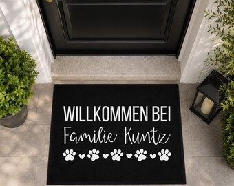 Personalized family doormat with name & pet, Welcome Paw Prints Heart, Housewarming Gift, Dog Owner Mat