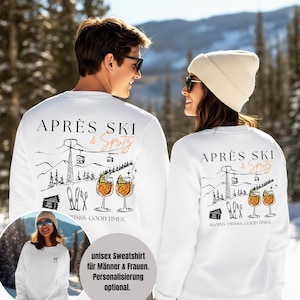 Könnte beinhalten: Zwei weiße Sweatshirts mit Rundhalsausschnitt und einer schwarzen Strichzeichnung eines Skilifts, Bergen, Skiern und zwei Spritz-Cocktails. Der Text lautet APRÈS SKI & Spritz sowie SLOPES, DRINKS, GOOD TIMES mit orangefarbenen Akzenten.