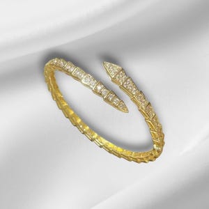 Gold Snake Cuff Bracelet – Sparkly Serpent Bangle – Adjustable Gold Statement Bracelet for Women