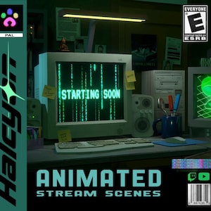 Könnte beinhalten: Werbung für animierte Stream-Szenen. Das Bild zeigt einen Retro-Computermonitor mit der Aufschrift "STARTING SOON" mit einem Matrix-Effekt. Das Produkt wird als "ANIMATED STREAM SCENES" mit einem Twitch-Logo beworben.