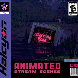 May include: A retro-style animated stream scene graphic. The image shows a computer monitor in a swamp, displaying "Starting Soon" in red. The text "ANIMATED STREAM SCENES" is at the bottom. The colour scheme is predominantly purple and black.