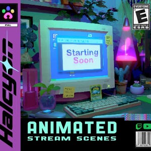 Puede incluir: Una escena de transmisión animada con un monitor de computadora retro que muestra "Starting Soon". La imagen presenta un teclado, un cactus y una lámpara de lava. El texto "ANIMATED STREAM SCENES" está en la parte inferior, con el logotipo de Halcyon a la izquierda.
