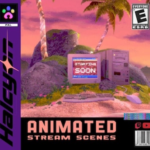 May include: A retro-style animated stream scene. The image shows a desktop computer with a monitor displaying "Starting Soon." The scene is set on a tropical island with palm trees and a sunset. The text "ANIMATED STREAM SCENES" is displayed at the bottom of the image.