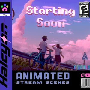 May include: Animated stream scenes graphic with a pixelated aesthetic. The image features a couple with a bicycle, the text "Starting Soon" in pink, and the words "Animated Stream Scenes" in white. The background is a pink and purple sky.
