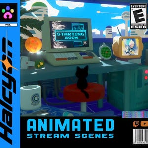 Könnte beinhalten: Animierte Stream-Szenen mit einem Retro-Computer, der "Starting Soon" anzeigt. Eine schwarze Katze sitzt auf einem roten Hocker. Ein kleiner Fernseher zeigt eine Zeichentrickfigur. Das Bild hat ein blaues und weißes Farbschema.