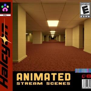 May include: A digital product cover titled Halcyon Animated Stream Scenes featuring a yellow-walled corridor with a brown carpet and fluorescent ceiling lights. The design includes an ESRB Everyone E rating, a PAL label, and a barcode at the bottom.