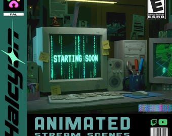 Puede incluir: Un gráfico digital con un monitor de computadora retro que muestra el texto STARTING SOON en verde sobre un fondo estilo matriz. La escena incluye un teclado, una torre de PC, una taza con bolígrafos y un logotipo de clasificación ESRB E.