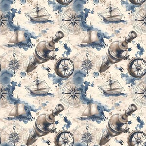 Motif vintage marin – Boussole, navire et longue-vue aquarelle -Vintage Nautical Pattern – Compass, Ship & Telescope Watercolor