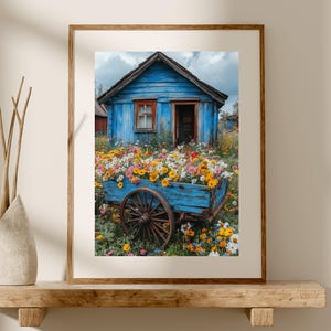 Plakat ścienny Fine Art Print Abstrakcyjna grafika Sceniczny Fotograficzny - Stary niebieski wózek wypełniony dzikimi kwiatami