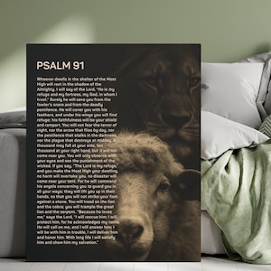 Lienzo con el Salmo 91, Arte cristiano de pared con león y cordero, Decoración para el hogar con versículo bíblico