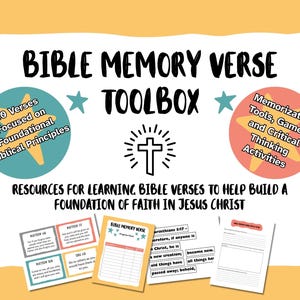 Puede incluir: Gráfico amarillo y blanco con el texto "BIBLE MEMORY VERSE TOOLBOX" y "RECURSOS PARA APRENDER VERSÍCULOS BÍBLICOS PARA AYUDAR A CONSTRUIR UNA BASE DE FE EN JESUCRISTO." Incluye ilustraciones y texto.
