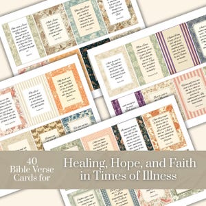 May include: A collection of 40 Bible verse cards with floral and patterned backgrounds. The cards feature various verses and the text "Healing, Hope, and Faith in Times of Illness". The cards are in a variety of colors.