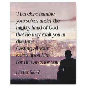 1 Peter 5:6-7 Cast Your Cares Christian Canvas Wall Art, Bible Verse Christian Decor, Scripture Wall Art, Bible Verse Gift, Bible Wall Art